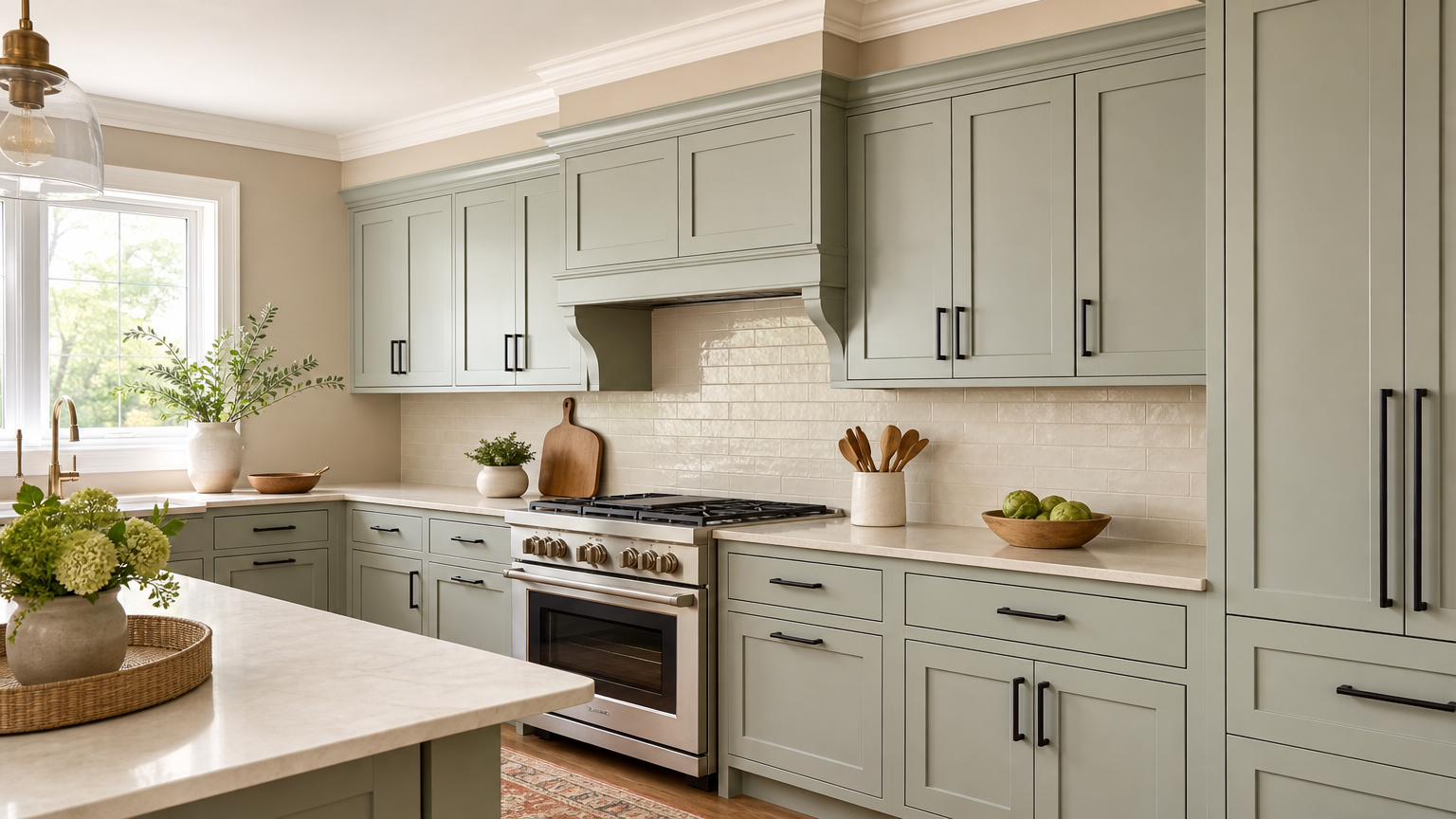 Refinished kitchen cabinets with a smooth painted finish in a modern kitchen, completed by a professional painting contractor