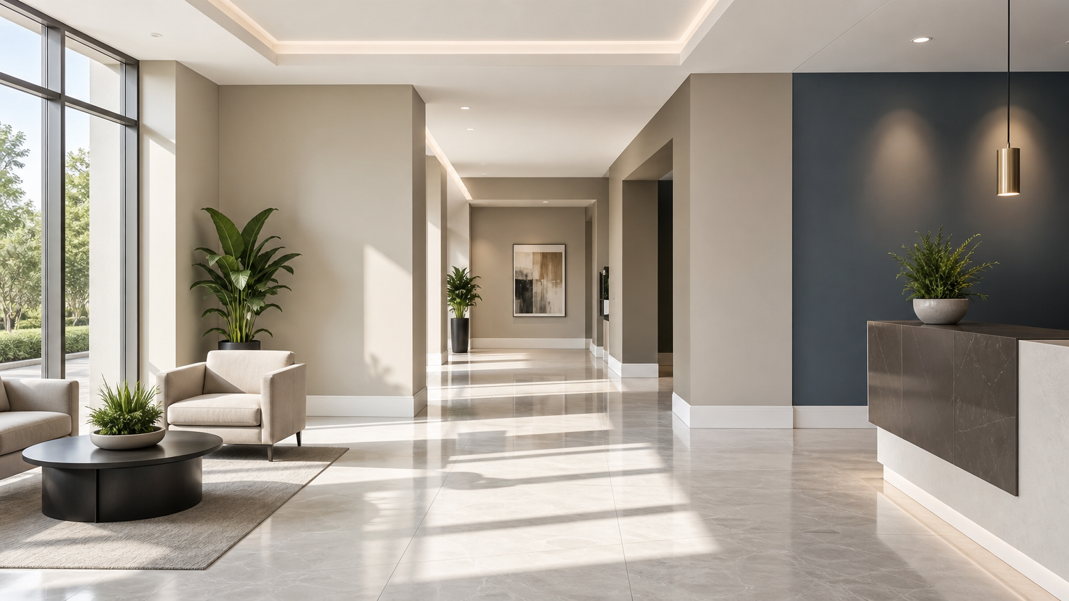 Modern commercial office lobby with newly painted walls and accent color, showcasing professional painting contractor results