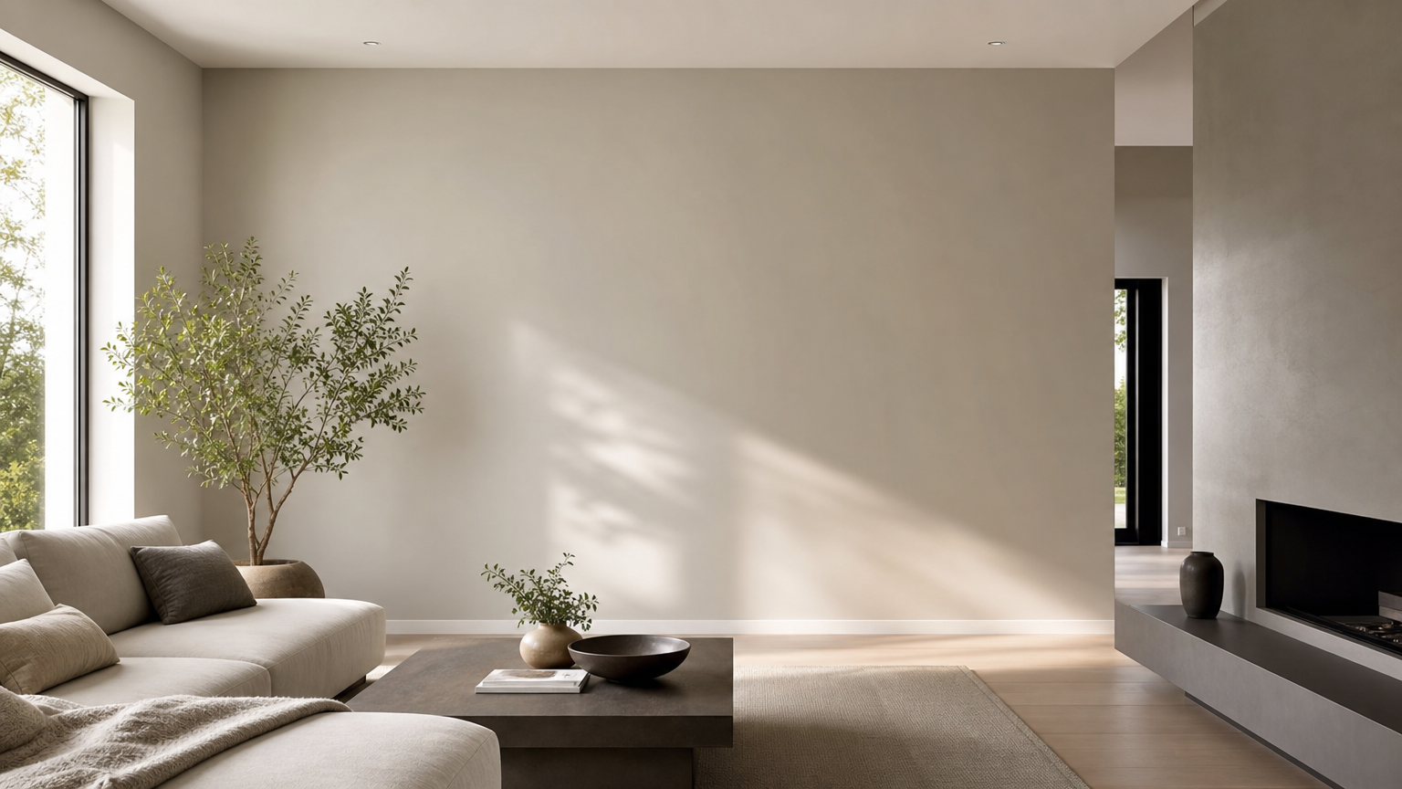 Seamless drywall repair and textured wall in a modern living room with fresh paint, completed by a professional painting contractor