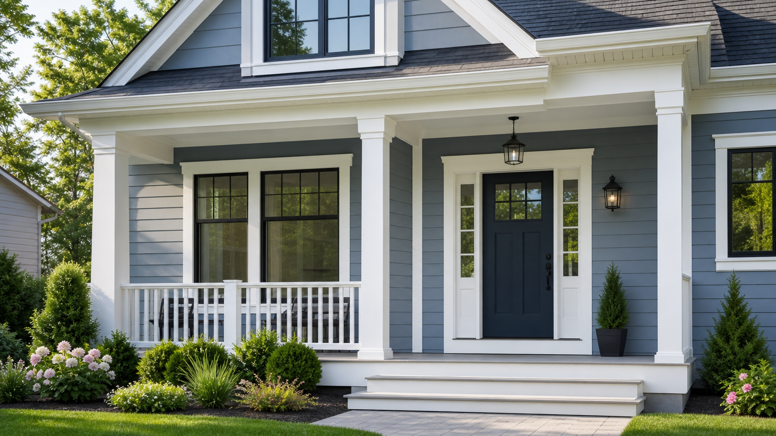 Recently painted home exterior showcasing smooth siding and sharp trim after professional exterior painting by a painting contractor