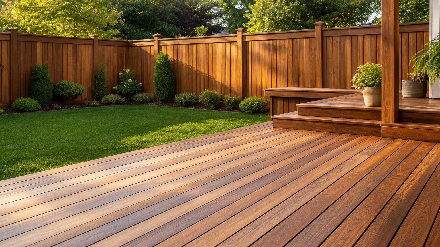 Expertly stained wooden deck and fence in a backyard, showcasing professional painting and staining services by a painting contractor