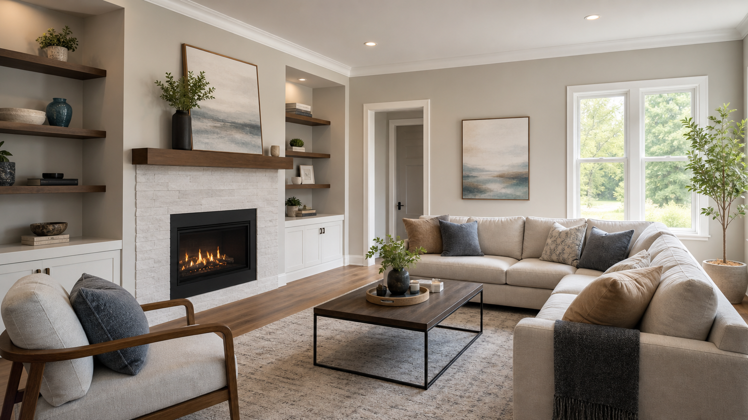 Modern living room with professionally painted walls and white trim, showing the finished result of professional painting contractor services