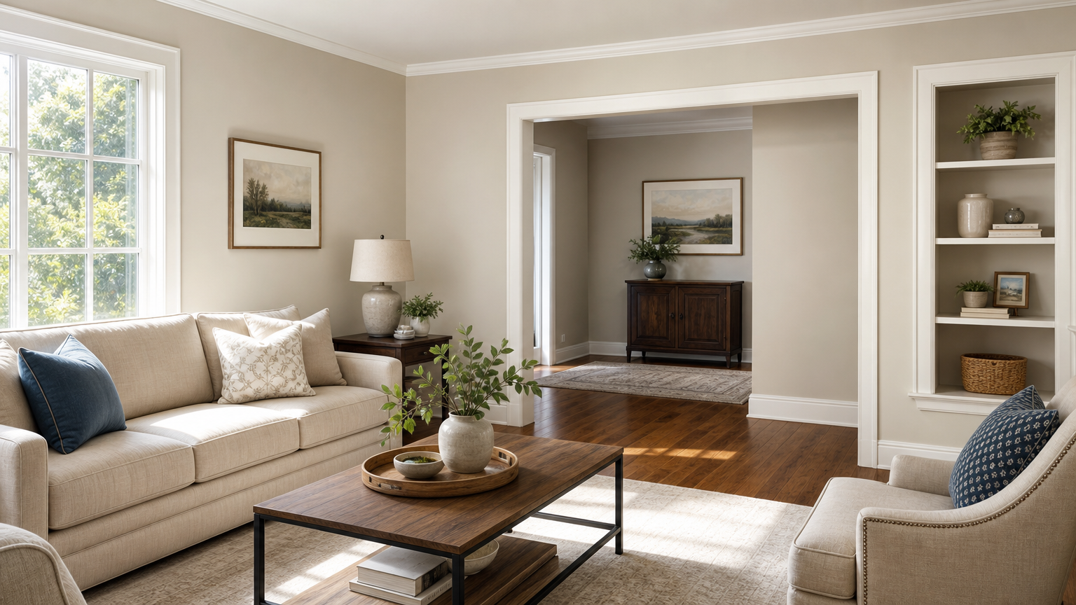 Freshly painted living room interior with soft neutral walls and bright natural light, showing professional painting contractor results