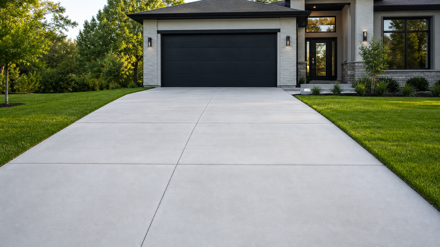 Pristine driveway after professional pressure washing in front of a modern home, surface looks clean and refreshed