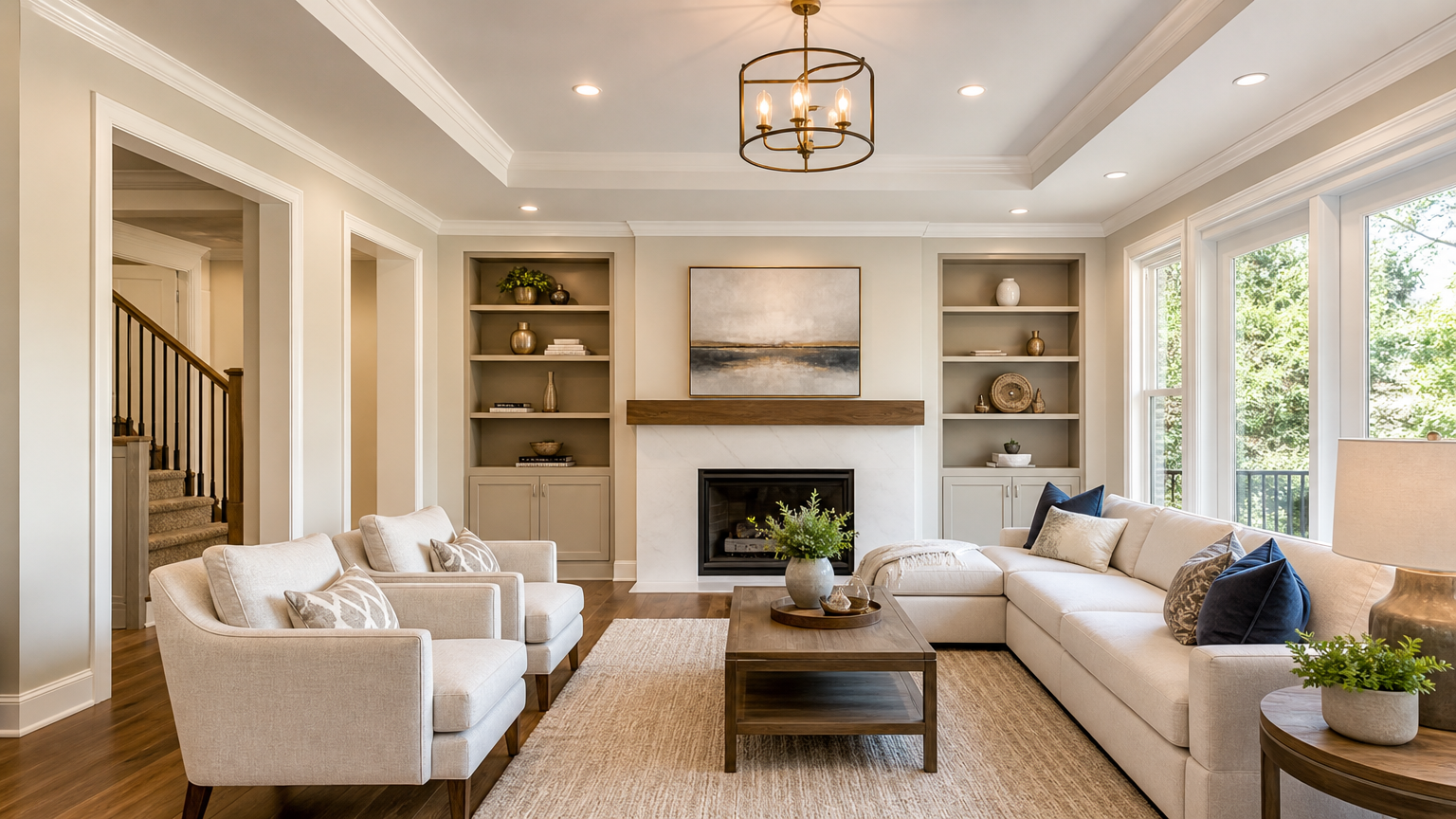 Remodeled living room with freshly painted walls and trim by painting contractor