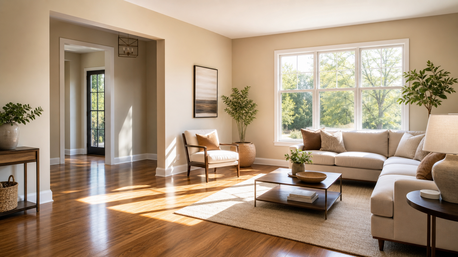 beautifully painted living room with clean, even walls and natural light, showcasing professional residential painting results