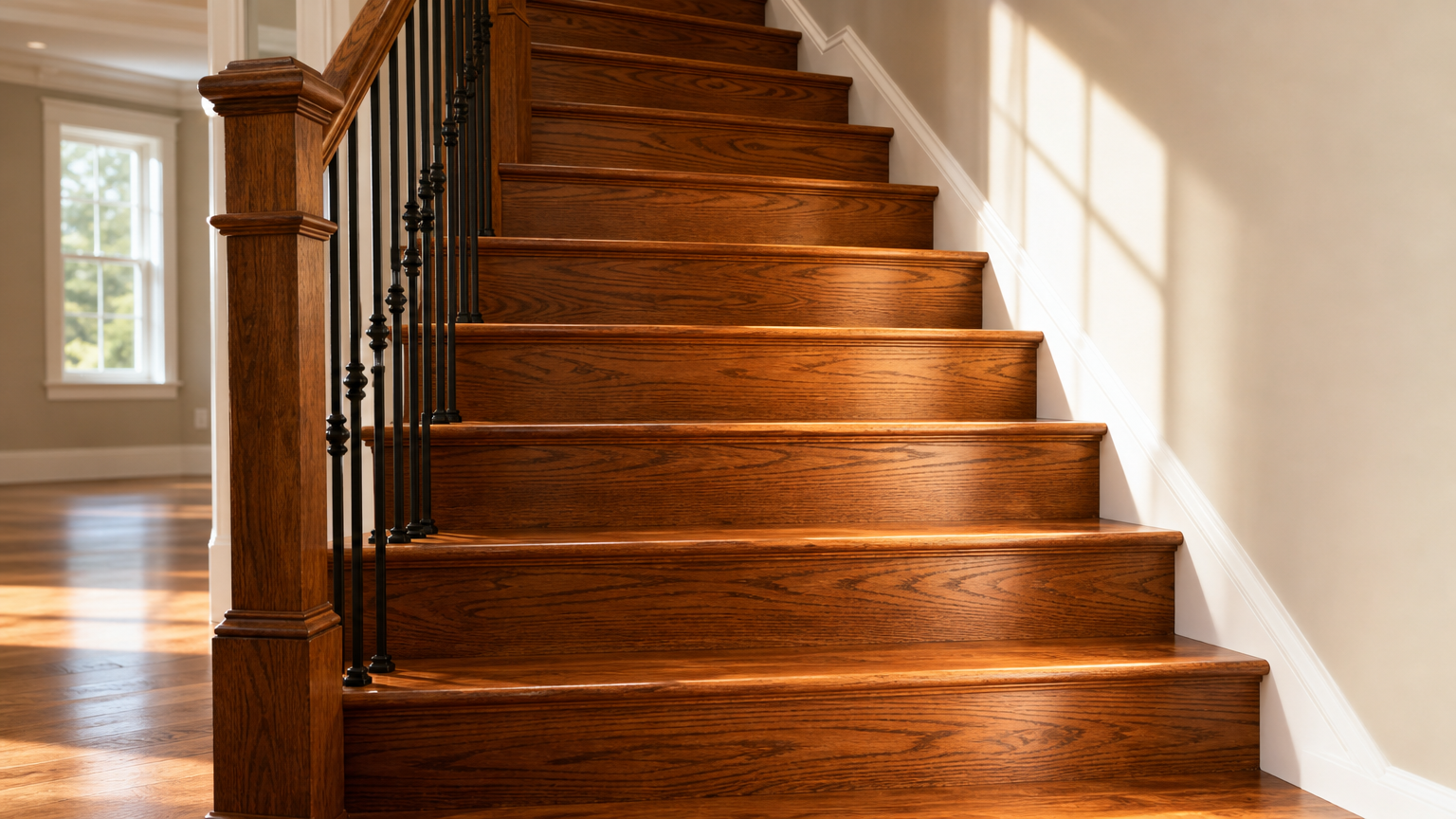 beautifully finished hardwood staircase with freshly stained wood glowing in natural light, highlighting warm tones and smooth surfaces for a painting contractor